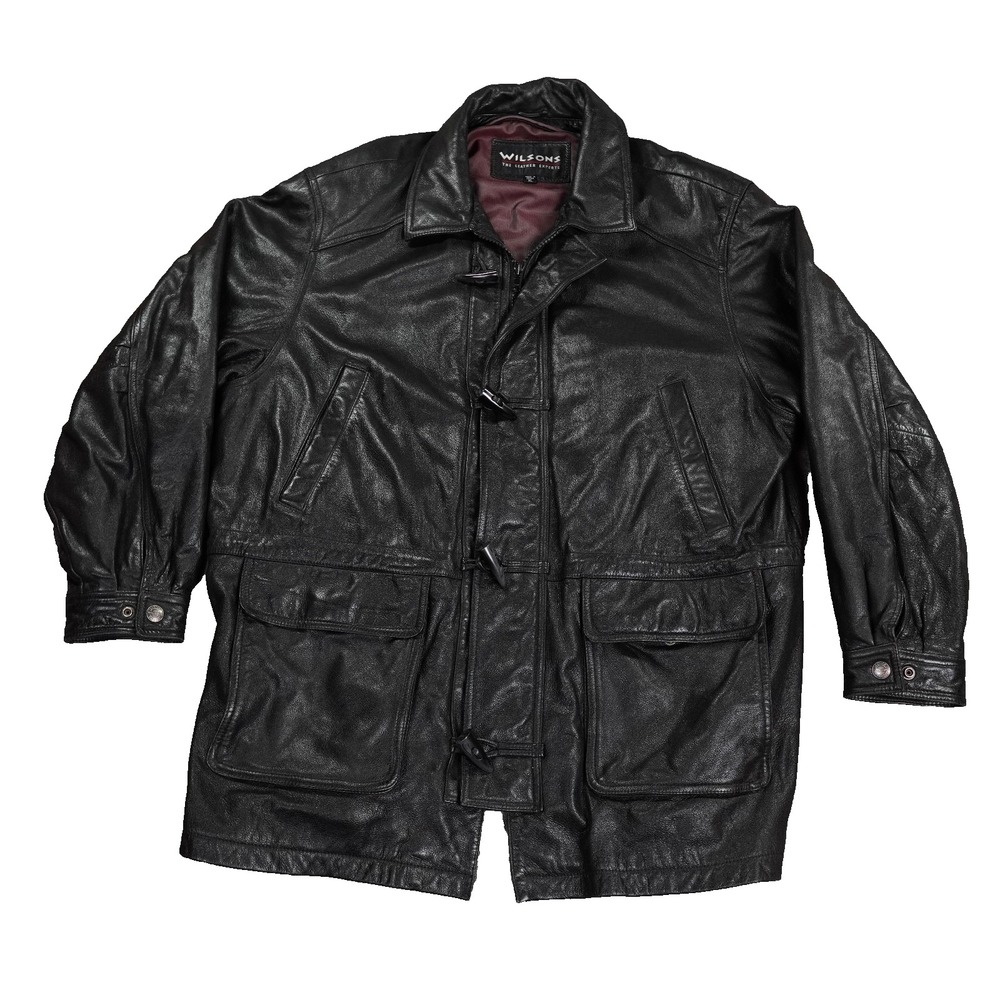 VTG Wilsons Leather Field Jacket Men XL Black Toggle Closure Mid-Length Military